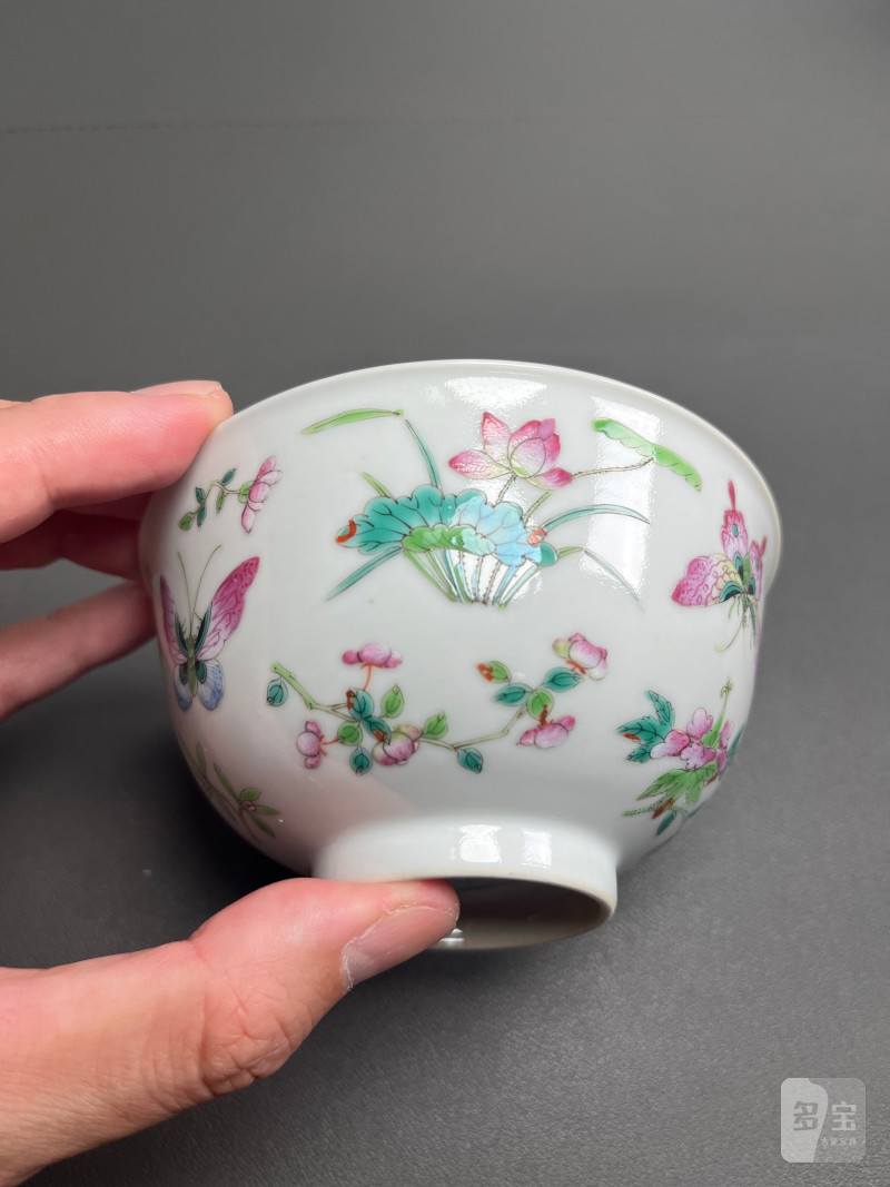 清道光  粉彩百蝶花卉纹碗 - 图4